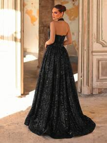 Glamrae Rochie elegantă, romantică, la modă, din material jacquard negru, rochie de seară formală, rochie de seară elegantă, rochie de mireasă, rochie de seară formală, rochie de seară elegantă, rochie de mireasă de onoare - Negru - Vizualizare 2