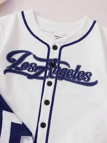 SHEIN Baby Boy Infant Toddler Los Angeles Baseball Jersey&Shorts Set,Navy And White,Summer,Street Life Casual Graphic Street Fashion,Beach Sports Outfit - Navy Blue - View 5