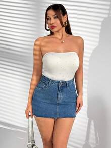 SHEIN 女士低腰迷你牛仔裙 休闲街头风 毛边 - 中等水洗藍 - 查看 5