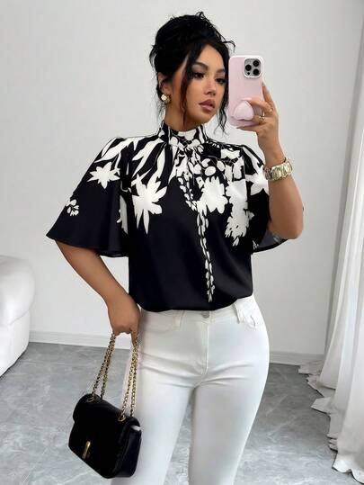 SHEIN Raffinéa 女士印花宽松蝙蝠袖高领衬衫，适合日常穿着和夏季旅行