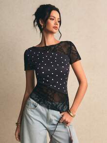 Poéselle Schwarz Spitze Patchwork Polka Punkt Muster asymmetrischer Saum T-Shirt - Schwarz - Übersicht 7