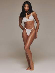 MUSERA ESSENTIALS 刺绣蕾丝蝴蝶结饰边三角可调节搭扣文胸，搭配刺绣可调节肩带丁字裤套装，可爱性感少女家居睡衣内衣，春夏刺绣必备单品 - 白色 - 查看 3