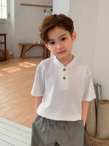 Hapijoa Young Boy Solid Color Button Design Short Sleeve Casual T-Shirt Summer - White - View 6