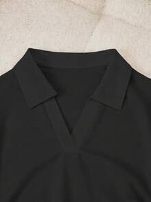 SHEIN Franclia Women's Solid Color Polo Collar Short Sleeve Casual T-Shirt - Black - View 3