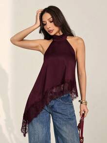 SHEIN PETITE 女士蕾丝拼接不对称下摆休闲百搭日常上衣 - 紫紅色 - 查看 9