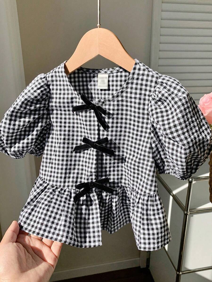 Comfortcana Áo kiểu nữ cỡ lớn đi nghỉ mát biển, áo ngủ babydoll, áo sơ mi tay ngắn kẻ caro đen trắng có nơ trang trí, thích hợp cho mùa xuân hè. - Đen và trắng - Xem 1