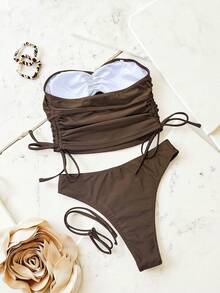 Swim SXY 两件套，棕色可拆卸细肩带前褶皱腰部抽绳休闲性感沙滩吊带泳衣，女士 - 棕色 - 查看 2