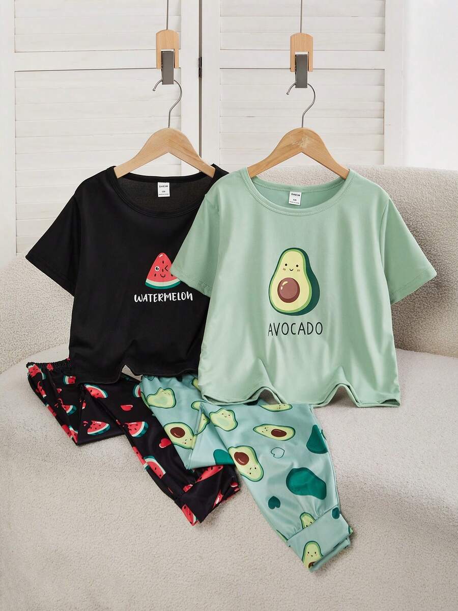 2pcs Girls Avocado & Watermelon Print Short Sleeve Pants Loungewear Set - Multicolor - View 1
