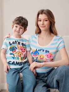 BABY SHARK X SHEIN Áo thun nữ tay ngắn cổ tròn in họa tiết nhiều màu sắc - Màu xanh lam - Xem 2