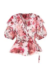 Gownix Elegant Light Pink Floral Summer Ruffle Trim Shirt And Wide Leg Pants Set,Women's Casual Outfit For Tea Party,Mother's Day And High Tea - Hot Pink - View 8