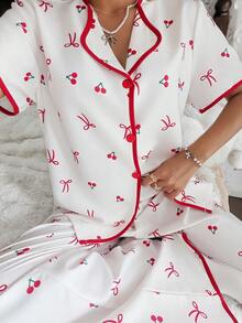 SHEIN Bow & Cherry Print Bubble Crinkle Cardigan Short Sleeve & Pants Women Pajama Set - Red - View 2