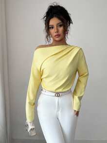 Elenzga Women's New Autumn Ruched Asymmetrical Shoulder Long Sleeve Blouse - Light Yellow - View 5
