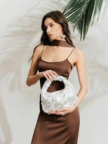 SHECARRY Borse a mano da donna, rotonde, con paillettes a imitazione di conchiglie, alla moda, eleganti, semplici, personalizzate, versatili, classiche, adatte per pendolarismo, ufficio, appuntamenti, uso quotidiano, shopping, tè pomeridiano, spiaggia, vacanze, festività, estate, lungomare (motivo casuale). - Bianco sporco - Visualizzare 5
