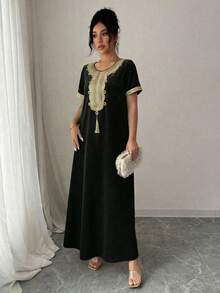 Rafferiza 女士优雅通勤金色蕾丝边超长连衣裙夏季大学服装 - 黑色 - 查看 5
