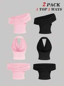 SHEIN MOD 2pcs/Set 3-Way Wear Women's Casual Solid Color Slim Fit Top,C,Summer Top - Multicolor - View 2