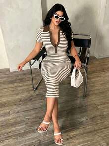 SHEIN SXY 女士休闲简约条纹Polo衫连衣裙，针织弹力修身中长连衣裙，法式优雅连衣裙 - 咖啡棕 - 查看 6