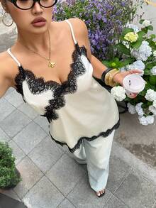 GalTyme Áo hai dây ren tương phản dành cho nữ cỡ lớn - Đen và trắng - Xem 1