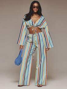 MUSERA Áo kiểu sọc vải lanh, buộc dây phía trước, thích hợp mặc đi biển, phong cách boho, dự tiệc, mùa xuân hè, kỳ nghỉ, sang trọng, thanh lịch, hẹn hò buổi tối. - Nhiều màu - Xem 3