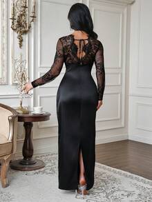 Modelyn Women's Elegant Black Contrast Lace Long Sleeve Fitted Mid-Length Satin Dress,Autumn Dining Evening Party Formal Wear,Luxury Night Out Zanea Dresses - Black - View 6