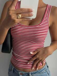 DAZY Women's Striped Square Neck Fitted Casual Camisole - Burgundy - View 4