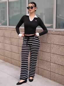 Andrea Bello 女式休闲黑白条纹抽绳腰针织裤，秋季 - 黑色 - 查看 1