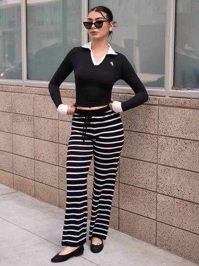 Andrea Bello 女式休闲黑白条纹抽绳腰针织裤，秋季