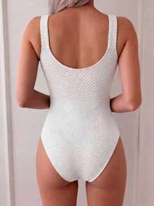 Swim Mod 1pc Women's Textured Solid Color Fabric Casual One-Piece Swimsuit - Apricot - View 2