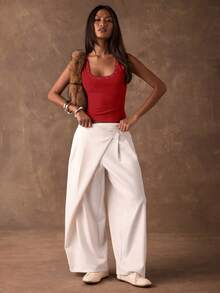 SHEIN BAE Women's Solid Color Rivet Design Ribbed Casual Tank Top,Red Top - Red - View 3