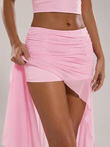 SHEIN BAE Women's Elegant Solid Color Ruffle High Slit Skirt, Summer - Baby Pink - View 7