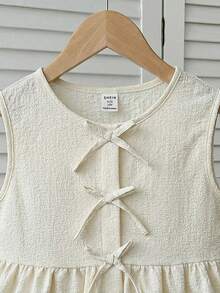 SHEIN 少女休闲日常度假纹理蝴蝶结前襟衬衫 - 杏色 - 查看 4