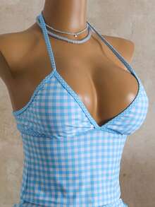 Swim Mod Bộ bikini 2 mảnh dành cho nữ, họa tiết kẻ caro ngẫu nhiên, gồm áo hai dây và quần short, thích hợp cho mùa hè đi biển. - Màu xanh nhạt - Xem 6