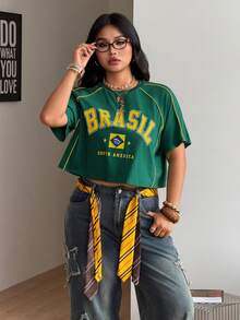 Coolane 夏季女装大码情侣同款街头风返校季棉质条纹纹理装饰大码绿色露脐短款针织T恤 - 綠色 - 查看 7