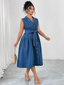 Elenzga Plus Size Women Elegant & Comfortable Light Blue Non-Stretch Denim Dress, Summer, Jean Dress - Light Wash - View 3