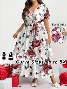 SHEIN CURVE+ 白色夏季優雅單身派對婚禮賓客度假大尺碼花卉圖案抽繩洋裝，飄逸休閒復古太陽裙女款 - 彩色 - 查看 1