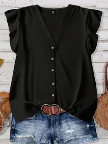 EMERY ROSE Plus Size Casual Solid Color Shirt, Suitable For Summer - Black - View 1