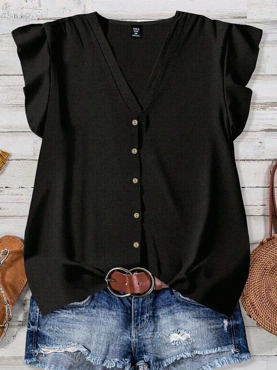 EMERY ROSE Plus Size Casual Solid Color Shirt, Suitable For Summer - Black - View 1