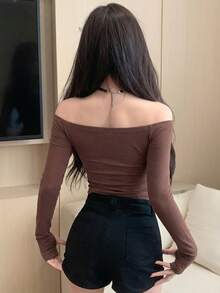DAZY 女款單肩緊身露肩上衣 - 棕色 - 查看 5