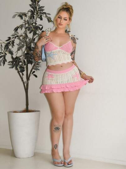 Arliah Women's 2-Piece Ruffled Halter Neck Sweater Set, Peach Color With Starfish Decor, Suitable For Holiday, Date, Afternoon Tea, Beach, Cruise, City Vacation, Wedding Season, Music Festival, Boho Vacation Beach Skirt Set Summer Skirt Set Crochet 2 Piece Set Beach 2 Piece Set Skirt Swimsuit Set