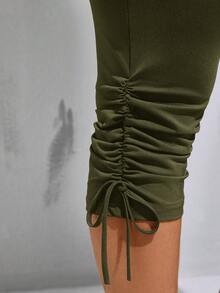 SHEIN Essnce Quần legging lửng màu đen co giãn cao, thoải mái, đa năng dành cho nữ cỡ lớn, thích hợp mặc hàng ngày vào mùa xuân và hè, kiểu dáng đơn giản, quần công sở, quần nữ, quần đi chơi. - xanh quân đội - Xem 6