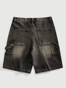 ROMWE MEN Street Life Men's Skull Embossed Rhinestone Decorated Denim Shorts - Black - View 2