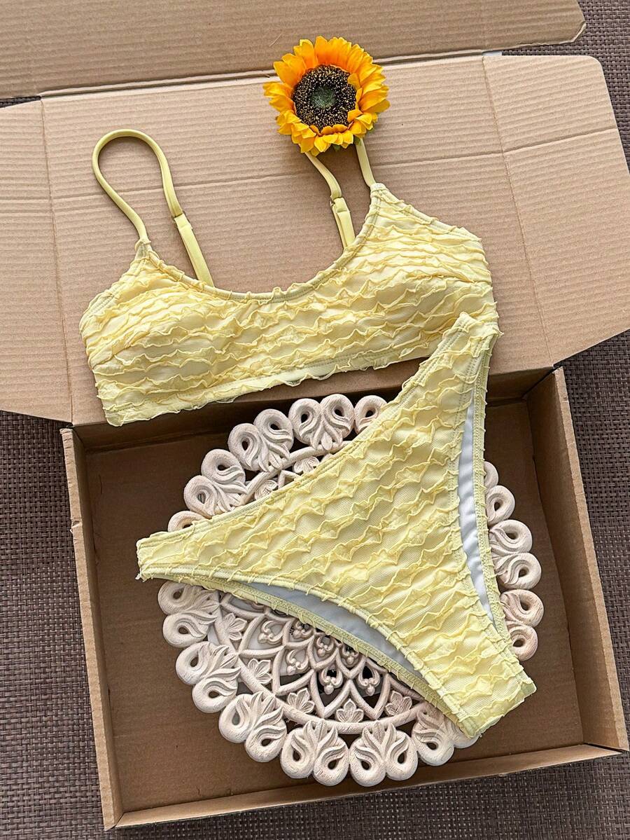 Swim Mod Bộ 2 món đồ bơi bikini mùa hè cho nữ, màu vàng, chất liệu dệt kim raffia, kiểu jacquard, gồm áo hai dây và quần bikini cạp cao. - Nhiều màu - Xem 1