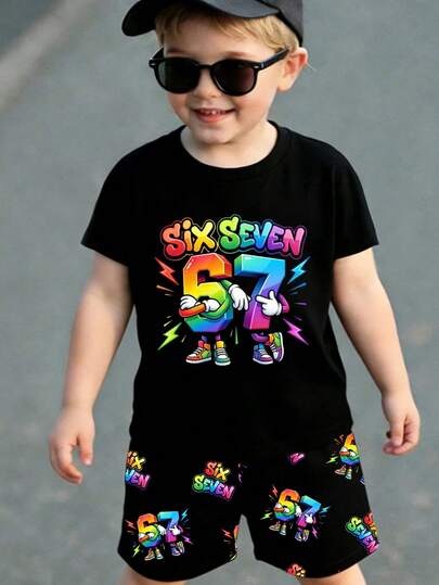 Bộ 2 món áo thun ngắn tay cổ tròn in hình hoạt hình số 67 nhiều màu sắc cho bé trai, kết hợp với quần short in hình số 67 toàn thân, kiểu dáng thời trang thường ngày, họa tiết ngộ nghĩnh, thích hợp cho các hoạt động thể thao ngoài trời mùa hè, chất liệu mềm mại và thoải mái, rất phù hợp cho trẻ em mặc trong các hoạt động ngoài trời.