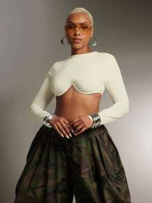 Denimoi Áo crop top tay dài có gọng gợi cảm thời trang dạo phố đi câu lạc bộ GNO Concert - trắng - Xem 4