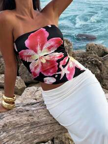 Swim Vcay Áo ống nữ in họa tiết lễ hội âm nhạc, có dây rút và vạt áo bất đối xứng, thích hợp cho mùa xuân và mùa hè. - màu đen - Xem 1