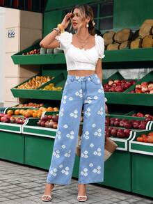 Breezaya Quần jeans nữ dáng rộng in hoa, có túi hai bên. - Màu xanh lam - Xem 6