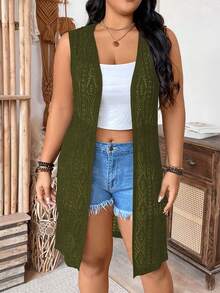 SHEIN Clasi Áo khoác cardigan không tay tối giản màu trơn cỡ lớn - Màu xanh Ô liu - Xem 4