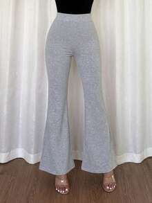 Women's Solid Mid Rise Flare Leg Skinny Fit Comfortable Good Quality Knitted Casual Pants - Light Grey - View 3