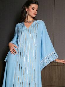 Al Najma Đầm maxi Thổ Nhĩ Kỳ dáng rộng thanh lịch xòe rộng, thích hợp mặc hàng ngày, và áo Abaya truyền thống Ả Rập. - Màu xanh nước - Xem 7