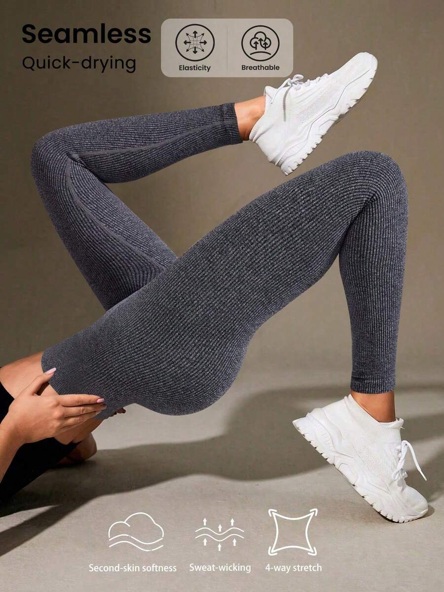 Easithlete Quần legging dệt kim liền mạch màu trơn, thích hợp cho tập yoga - Màu xám đen - Xem 1