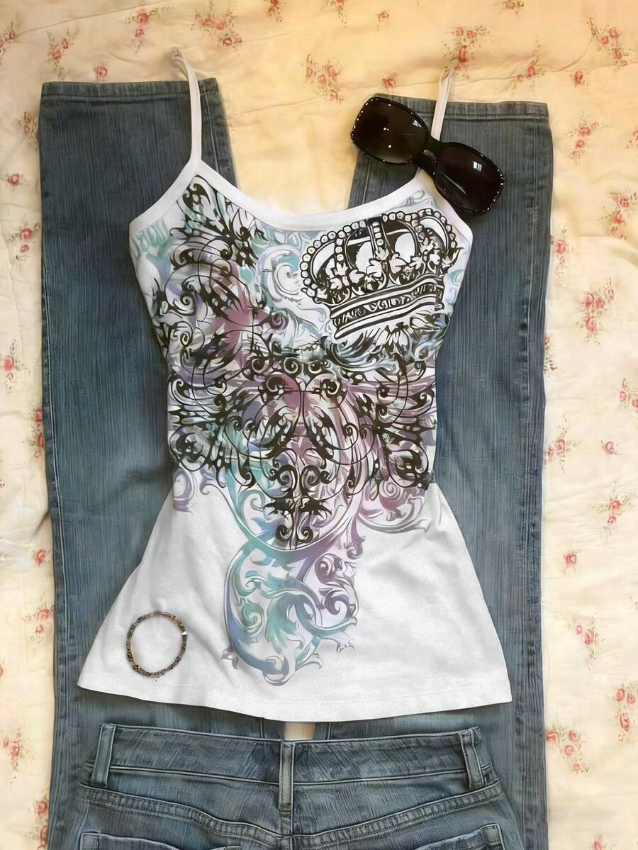 Glimmora Spaghetti Strap Fashionable Summer Casual Digital Print Women Tank Top - Multicolor - View 1